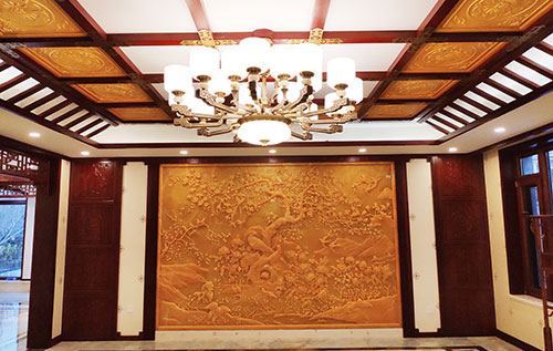 武山中式别墅客厅中式木作横梁吊顶装饰展示